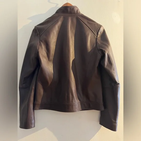COLE HAAN Brown Leather Wing Collar Jacket Size S - Picture 5 of 5